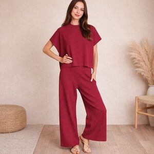 NEW Zenana Cabernet Red Ribbed Knit Matching Lounge Set Top & High Rise Pants